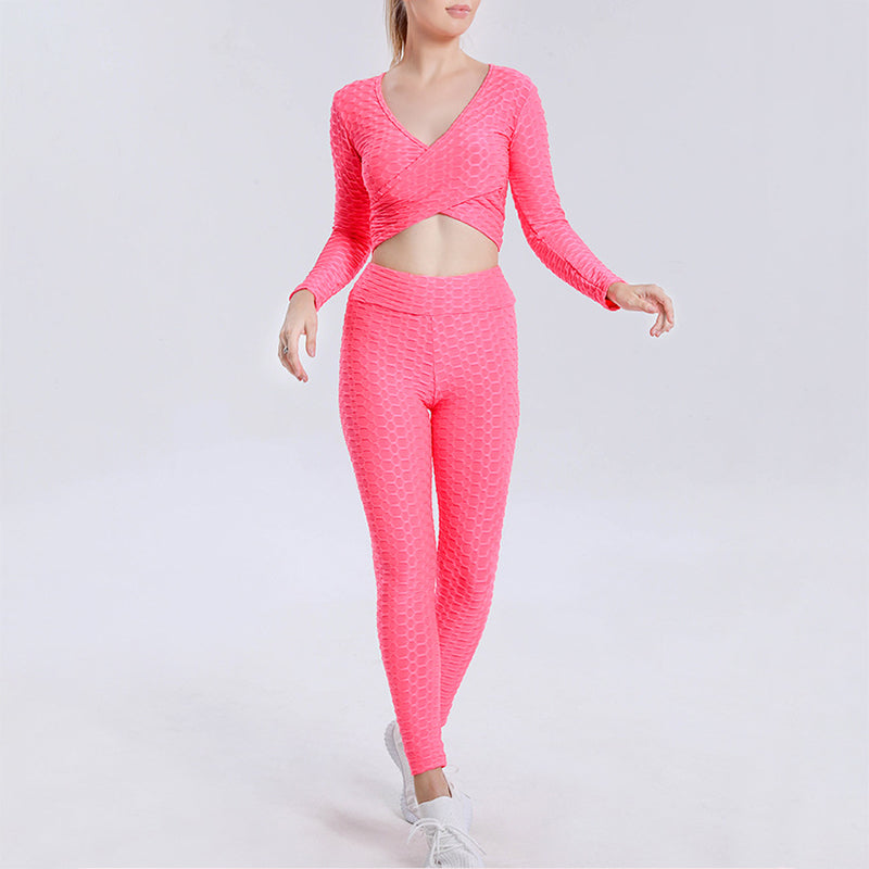Bubble Jacquard Sexy Cross Long Sleeve Top High Waist Yoga Suit