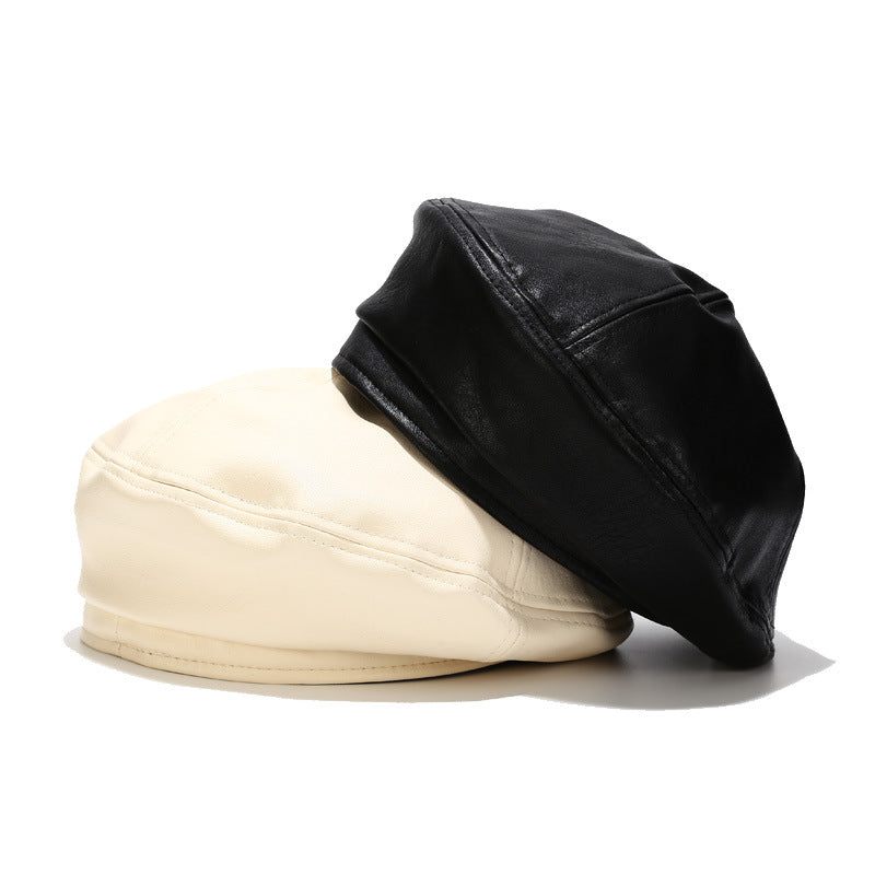 All-match Leather Beret In Solid Color