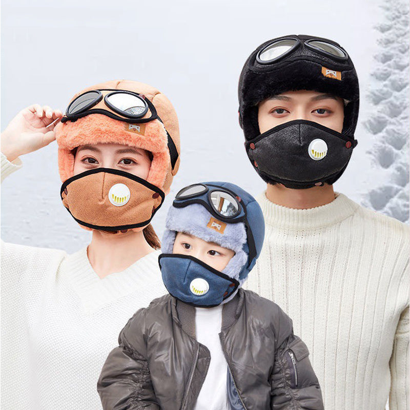 Winter Outdoor Warm Cotton And Velvet Parent-Child Hat+Mask+Goggles+Neck Sleeve 4 in 1