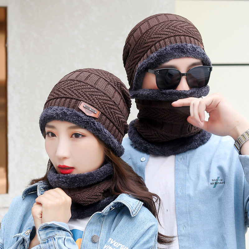 Casual Jacquard Plush Warm Knitted Hat Neck Sleeve Set