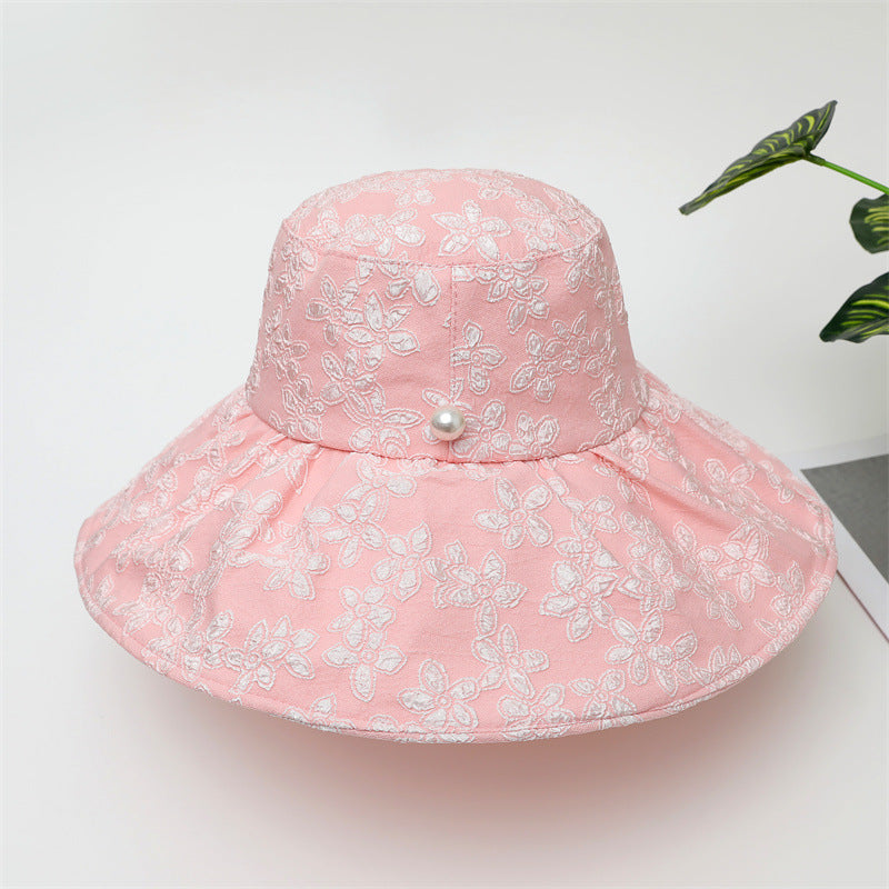 Summer Large Brim Pearl Sunscreen Bucket Hat