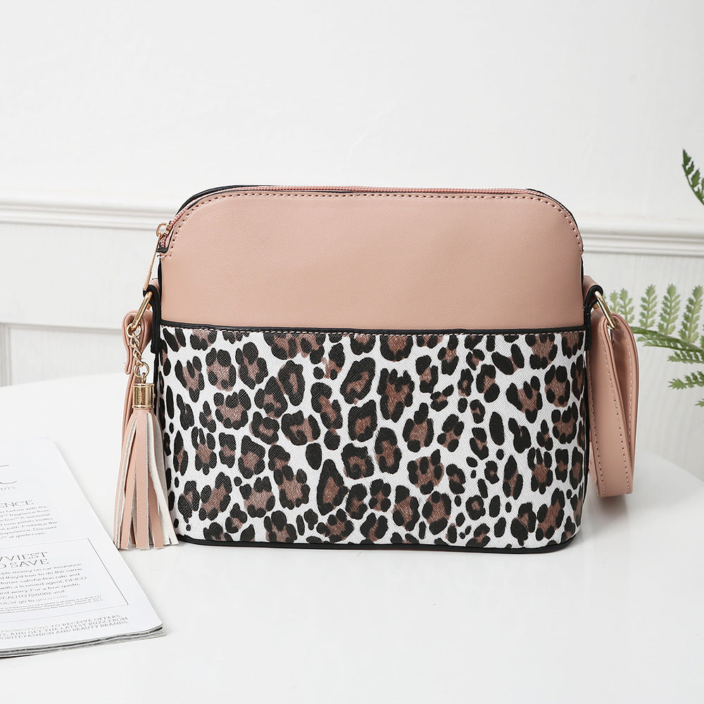 Leopard Print Contrast Stitching Shell Bag Shoulder Bag