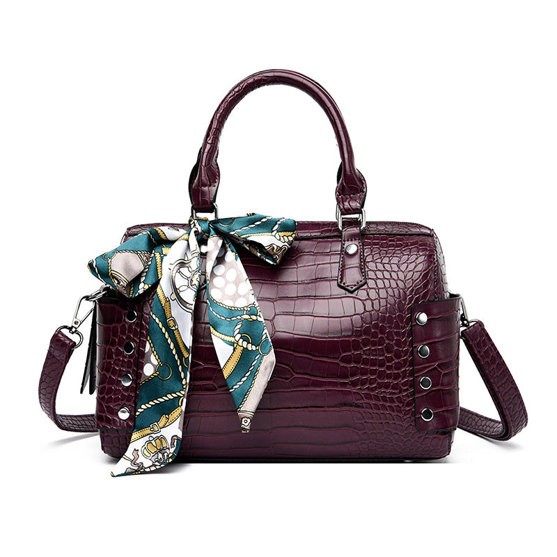 Elegant Crocodile Pattern Boston Bag Handbag With Silk Scarf For Party and Work