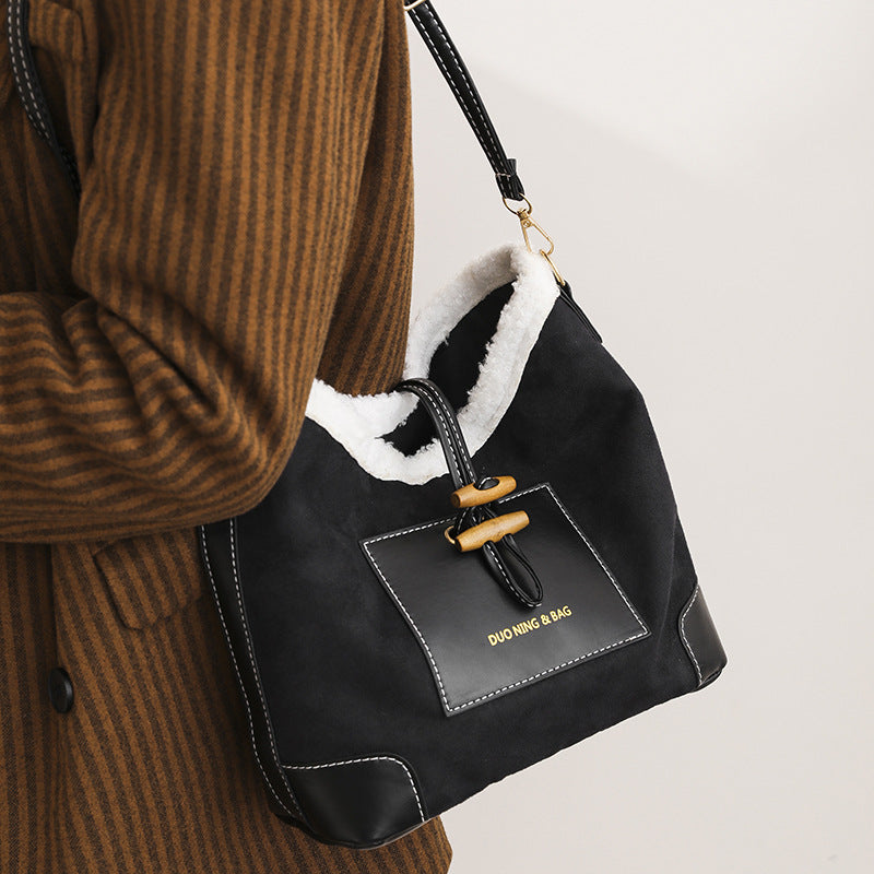 Vintage Contrast Suede Wool Shoulder Bag