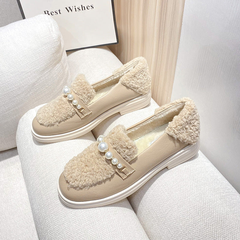 Lambs Wool Platform Pearl Loafers Shoes