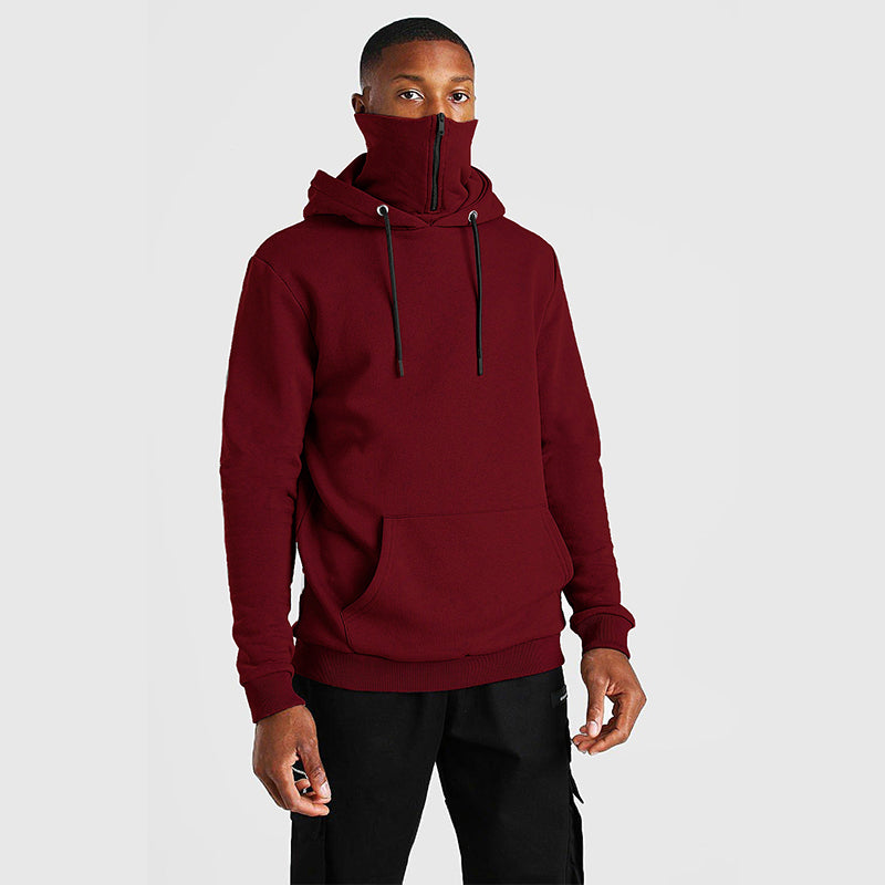 Spring Men's Warm Mask Zipper Solid Color Hoodie