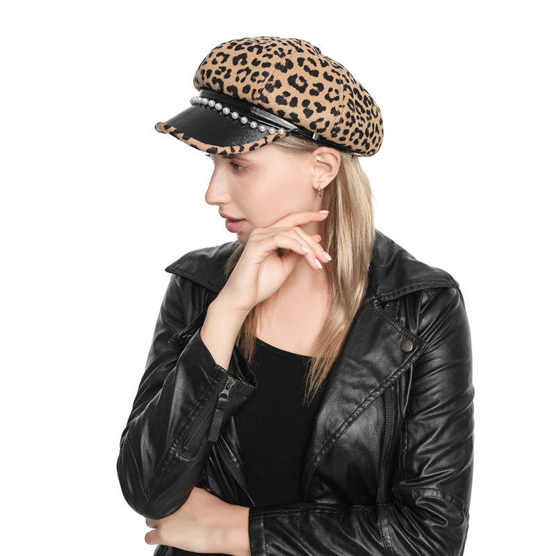 Fashion Pearl Chain Leopard Print Octagonal Hat
