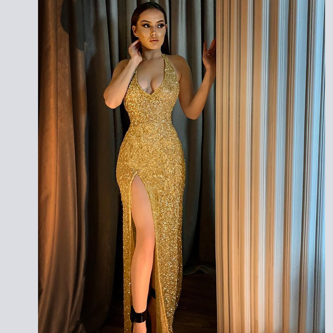 Shiny Sexy Deep V Halterneck Dress