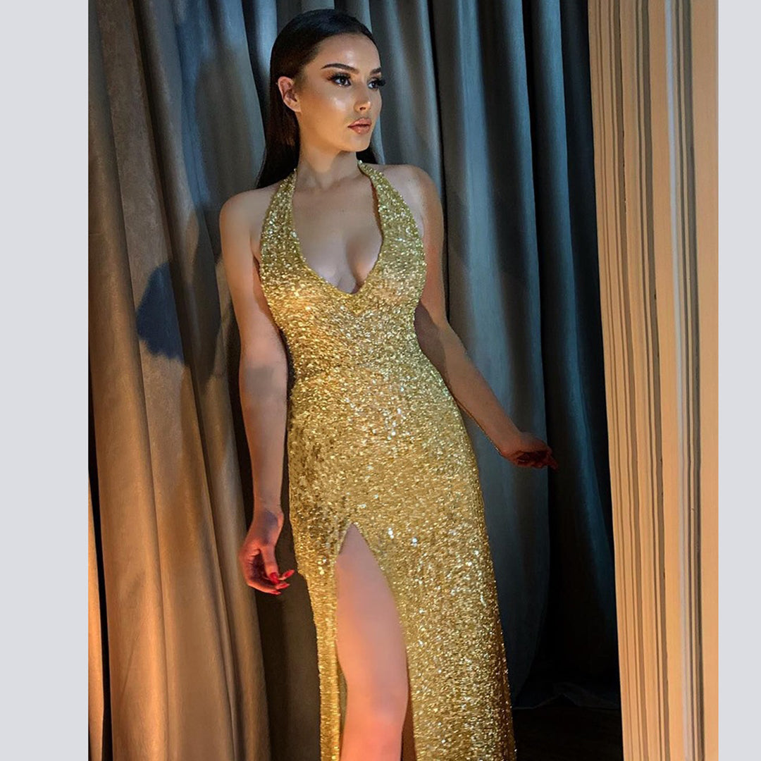 Shiny Sexy Deep V Halterneck Dress