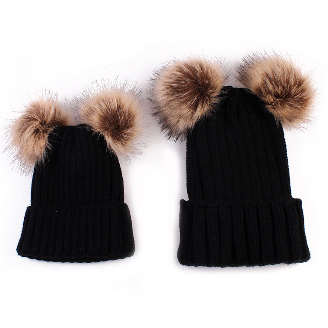 2PCS Fashion Parent-child Double Hairball Knitted Hat