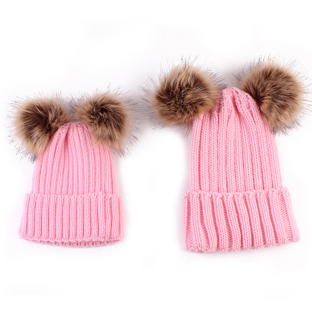 2PCS Fashion Parent-child Double Hairball Knitted Hat