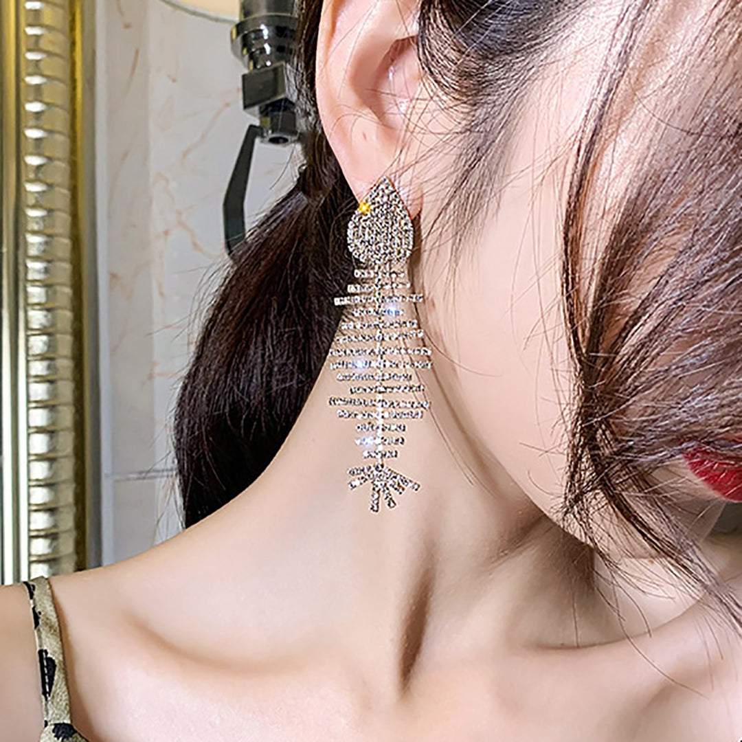 Ziibras™ Rhinestone Exaggerated Fish Bone Earrings