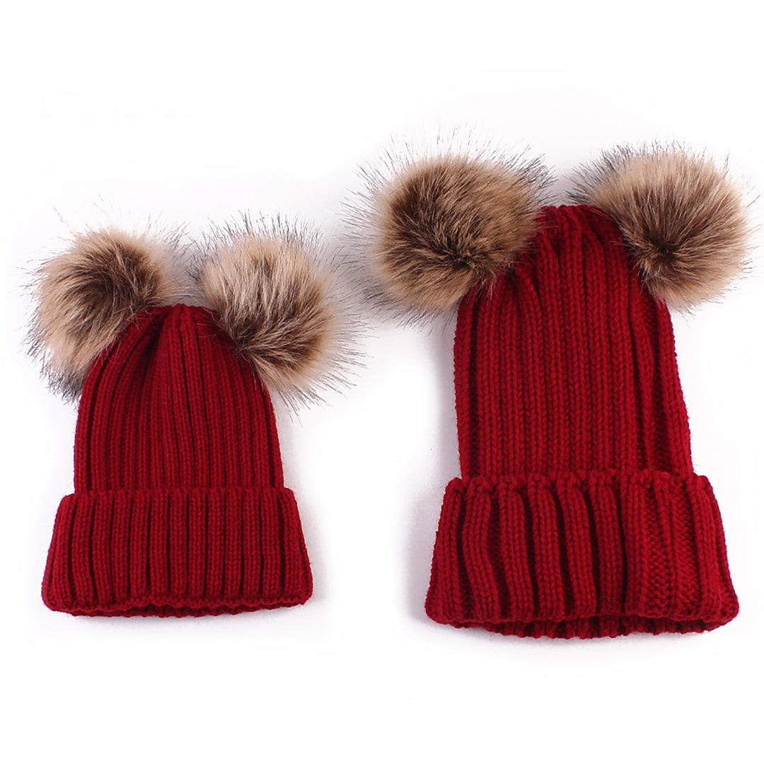2PCS Fashion Parent-child Double Hairball Knitted Hat