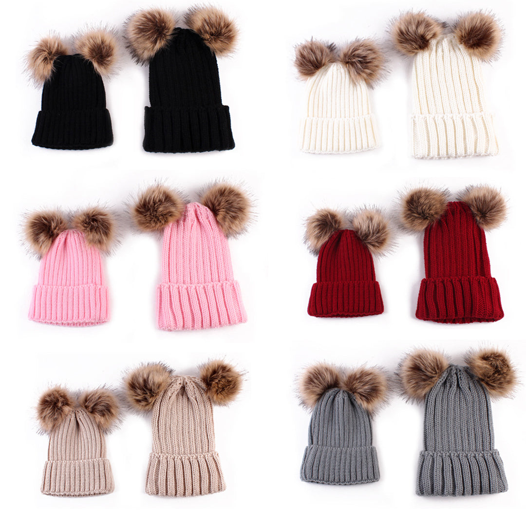2PCS Fashion Parent-child Double Hairball Knitted Hat