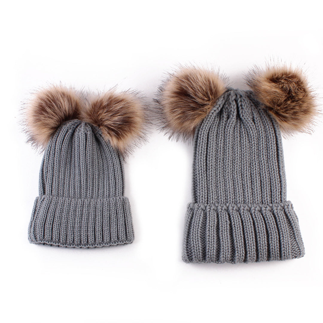 2PCS Fashion Parent-child Double Hairball Knitted Hat