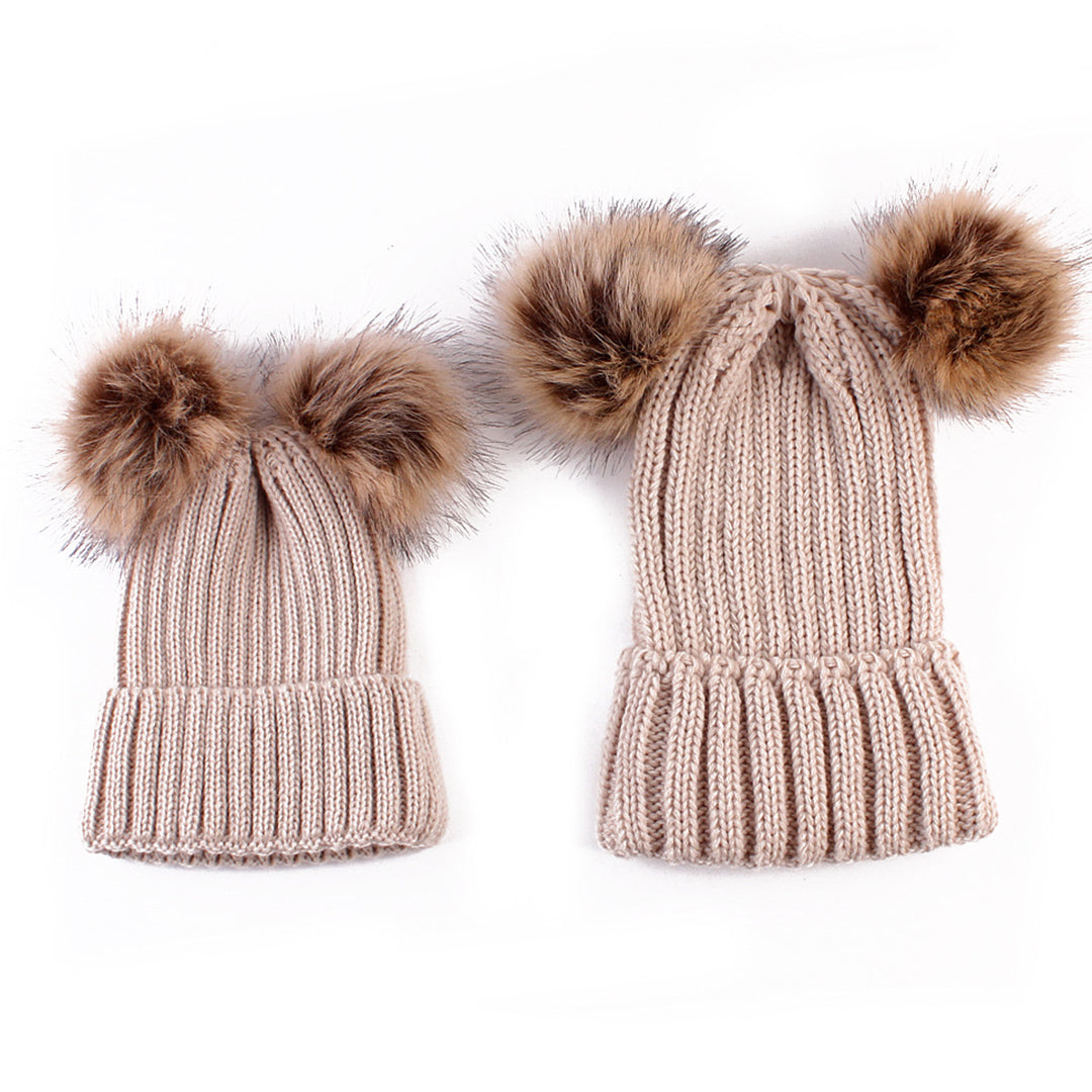 2PCS Fashion Parent-child Double Hairball Knitted Hat