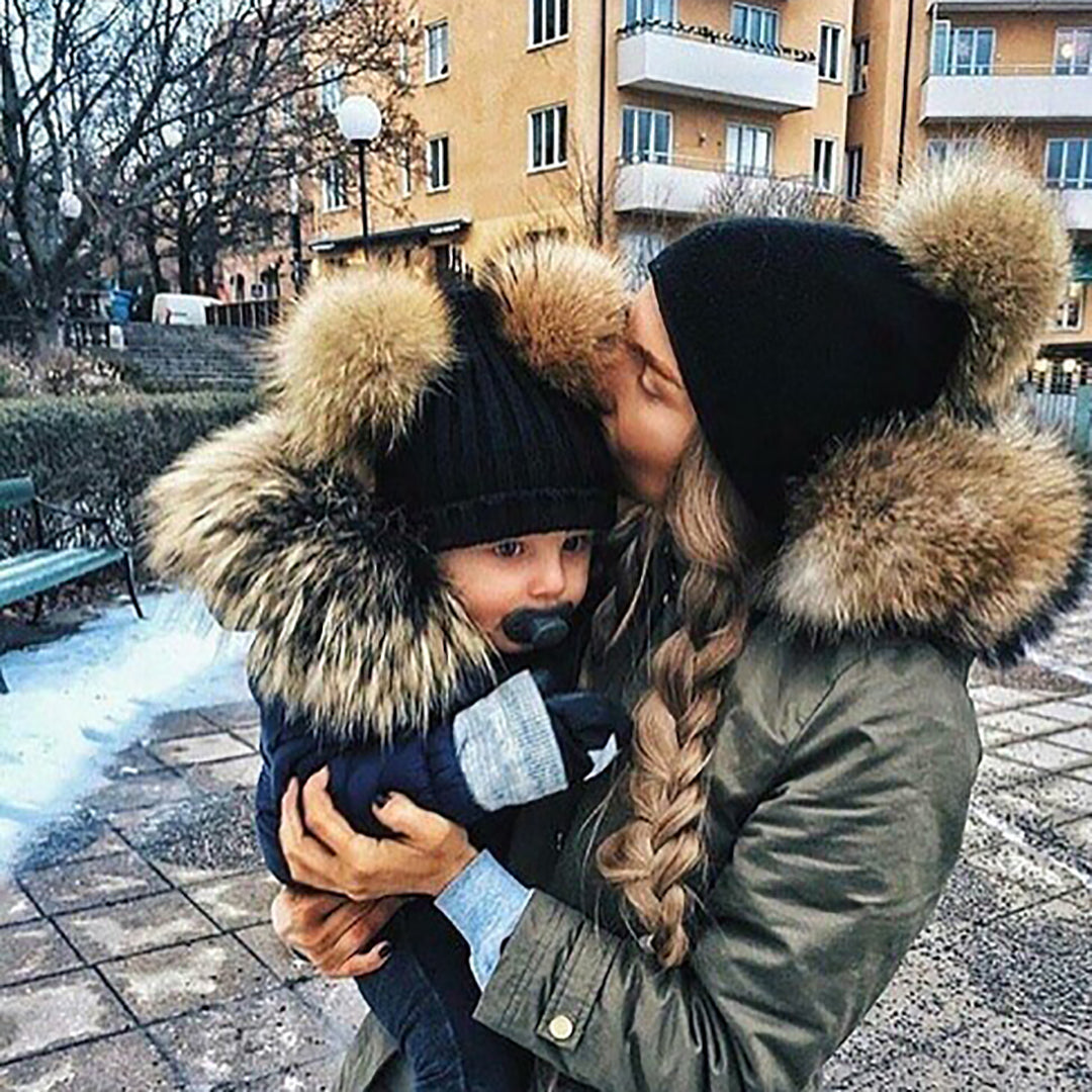 2PCS Fashion Parent-child Double Hairball Knitted Hat