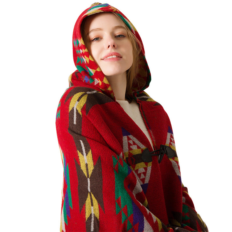 Plaid Horn Buckle Hooded Cloak Bohemian Shawl