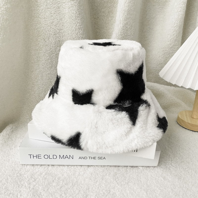 Fashion All-Match Warm Plush Printing Basin Hat Adjustable