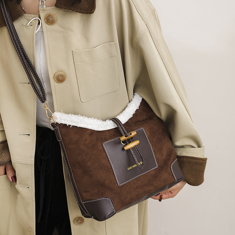 Vintage Contrast Suede Wool Shoulder Bag