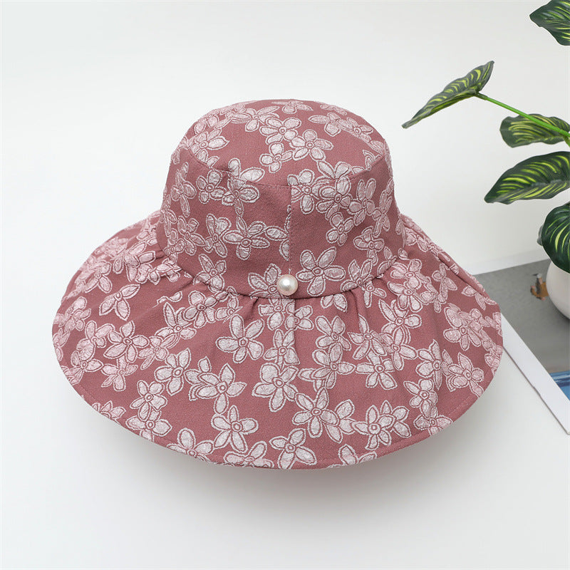 Summer Large Brim Pearl Sunscreen Bucket Hat