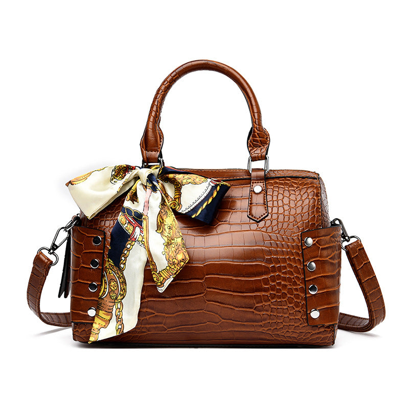 Elegant Crocodile Pattern Boston Bag Handbag With Silk Scarf For Party and Work