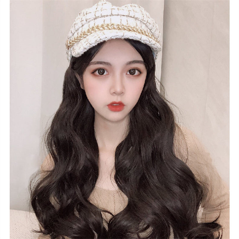 Curly hair, scented wind, navy hat, wig