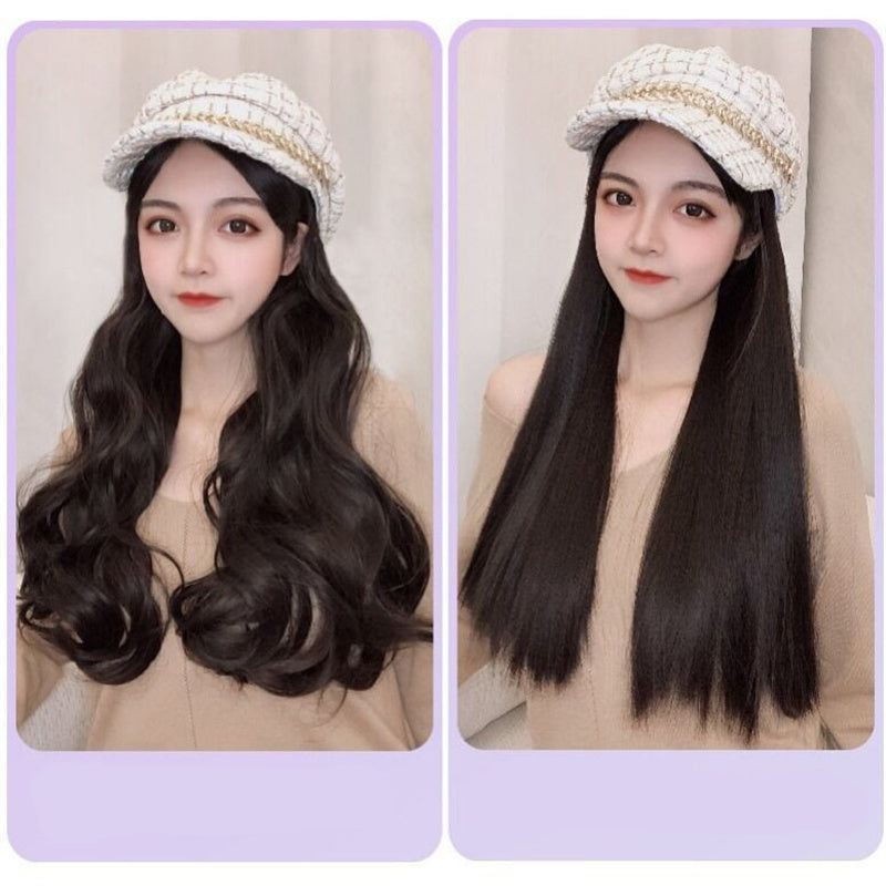 Curly hair, scented wind, navy hat, wig