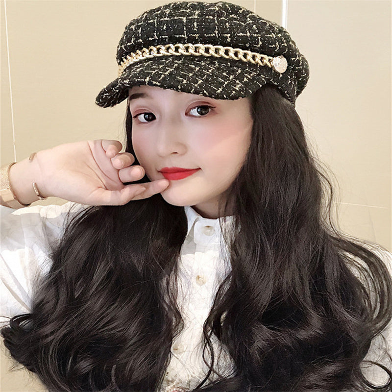 Curly hair, scented wind, navy hat, wig