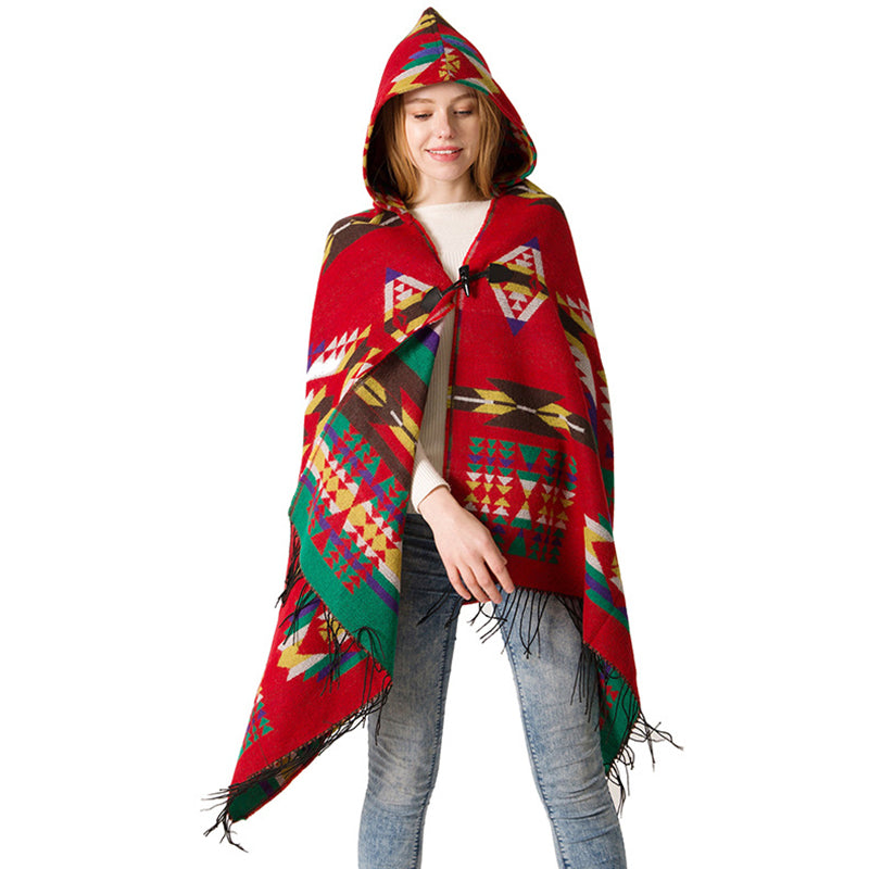 Plaid Horn Buckle Hooded Cloak Bohemian Shawl