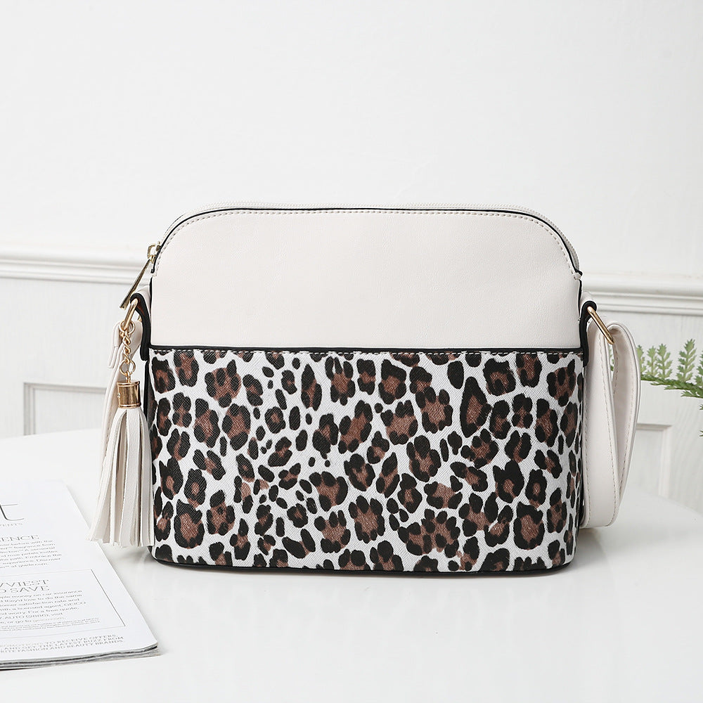 Leopard Print Contrast Stitching Shell Bag Shoulder Bag