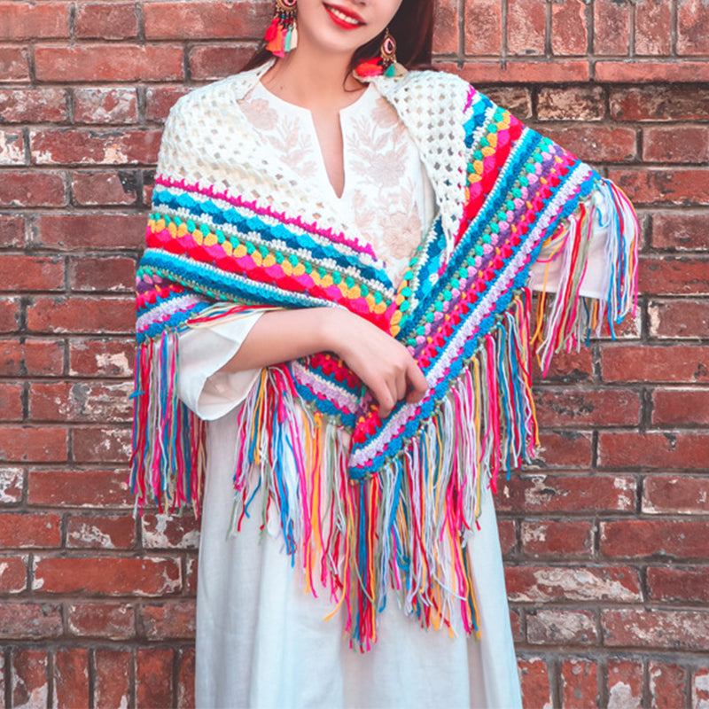 Handmade Crocheted Rainbow Tassel Shawl