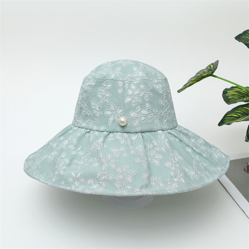 Summer Large Brim Pearl Sunscreen Bucket Hat