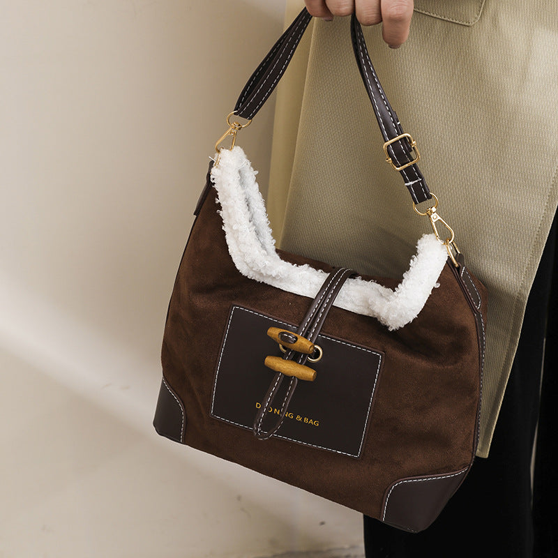 Vintage Contrast Suede Wool Shoulder Bag