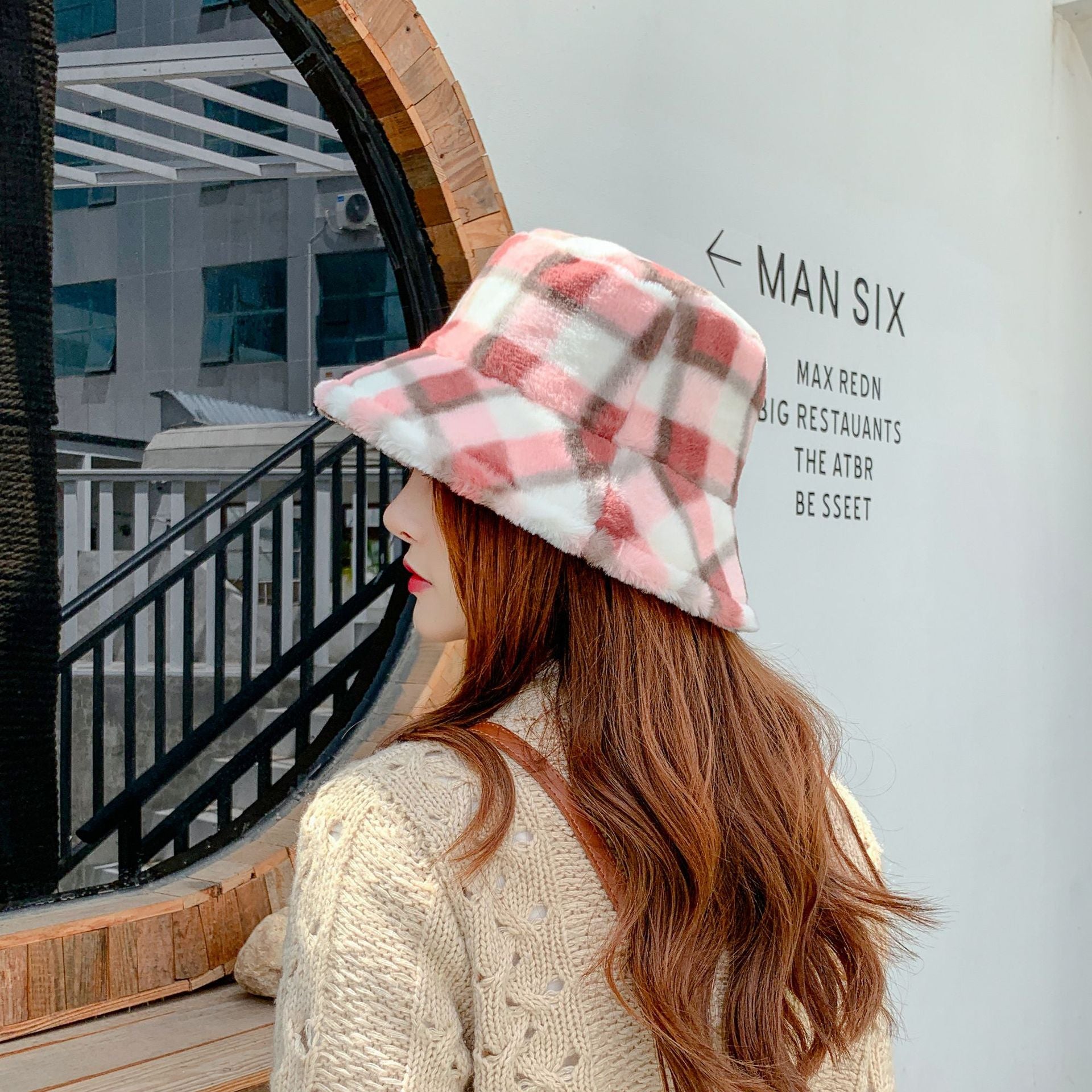 Fashion All-match Plaid Striped Plush Basin Hat