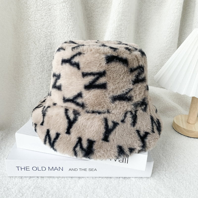 Fashion All-Match Warm Plush Printing Basin Hat Adjustable