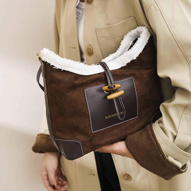 Vintage Contrast Suede Wool Shoulder Bag