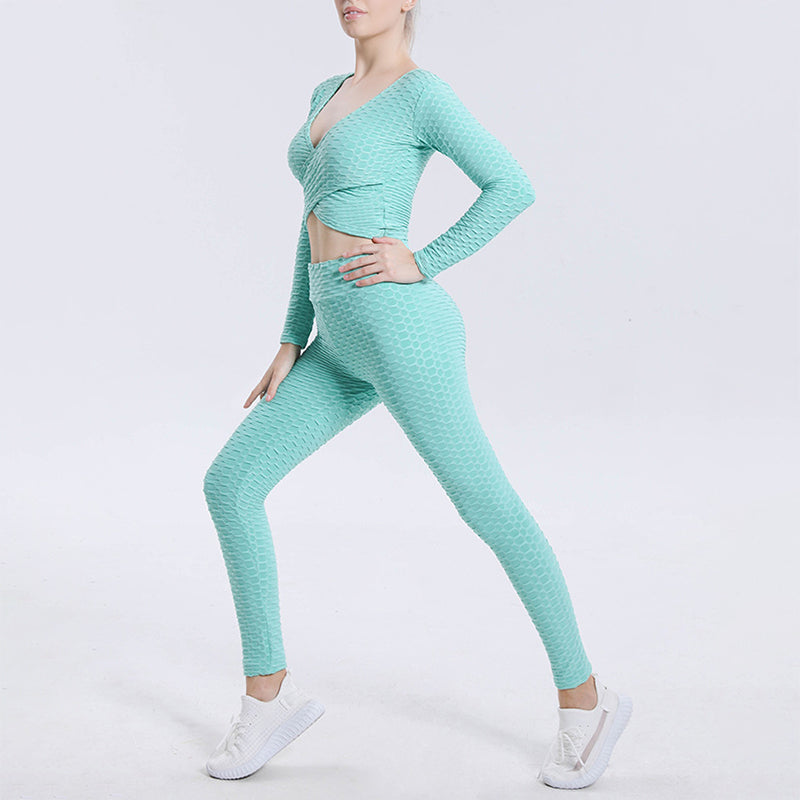 Bubble Jacquard Sexy Cross Long Sleeve Top High Waist Yoga Suit