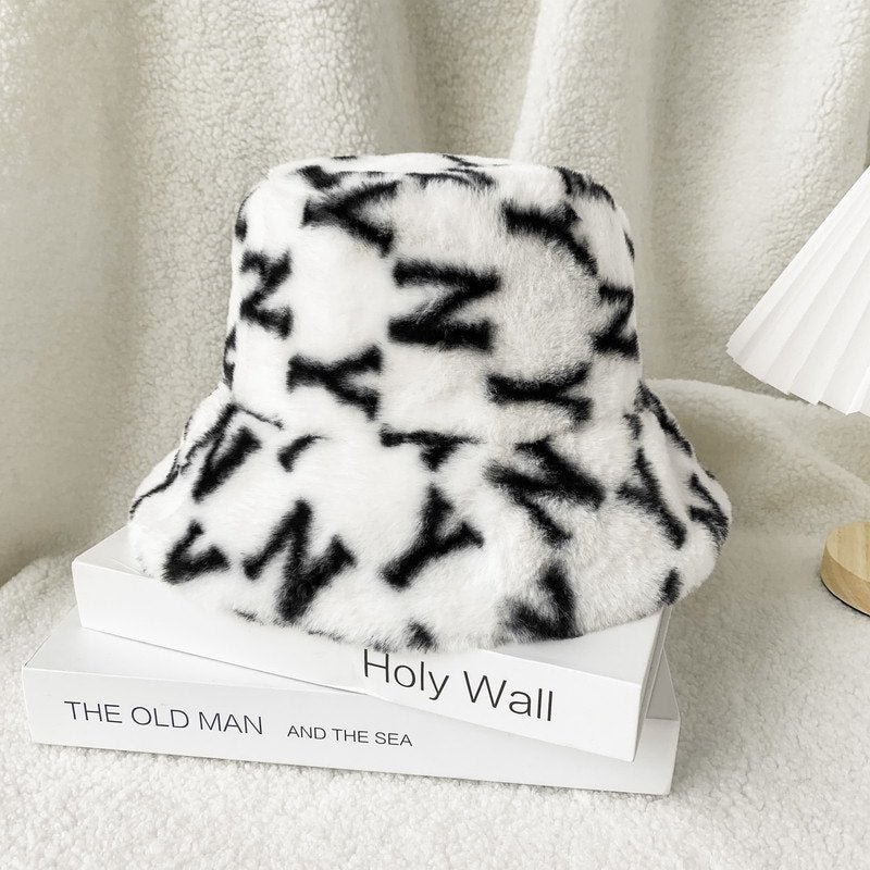 Fashion All-Match Warm Plush Printing Basin Hat Adjustable