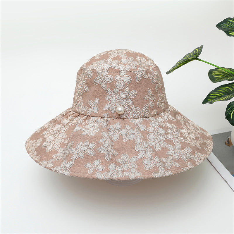 Summer Large Brim Pearl Sunscreen Bucket Hat