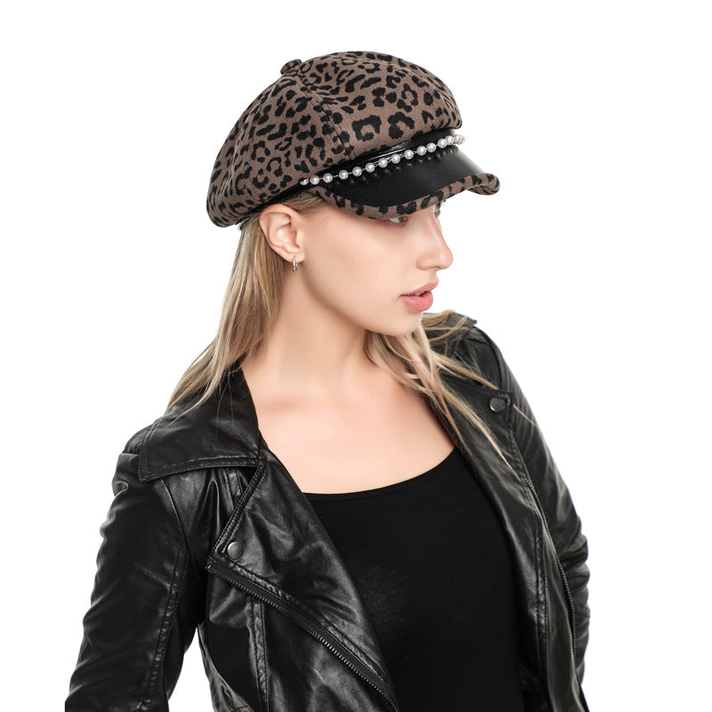 Fashion Pearl Chain Leopard Print Octagonal Hat