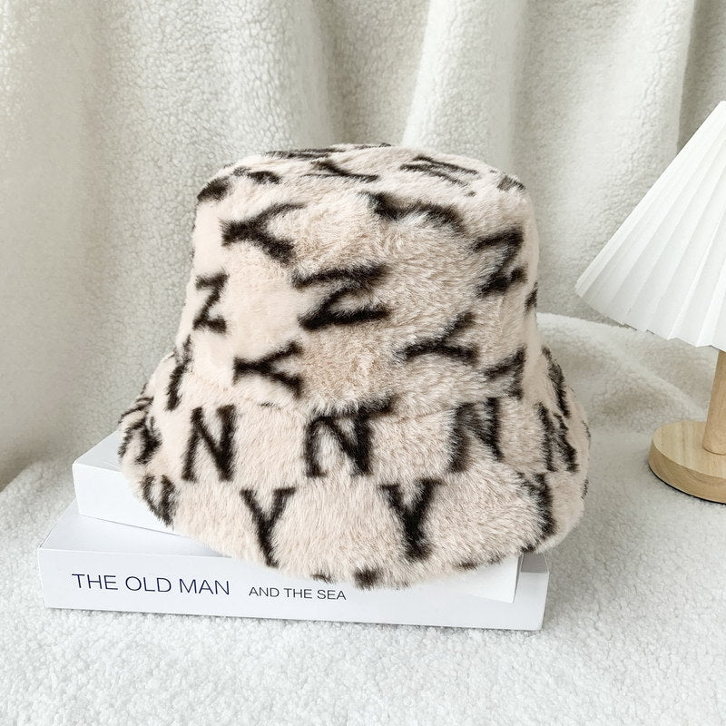 Fashion All-Match Warm Plush Printing Basin Hat Adjustable