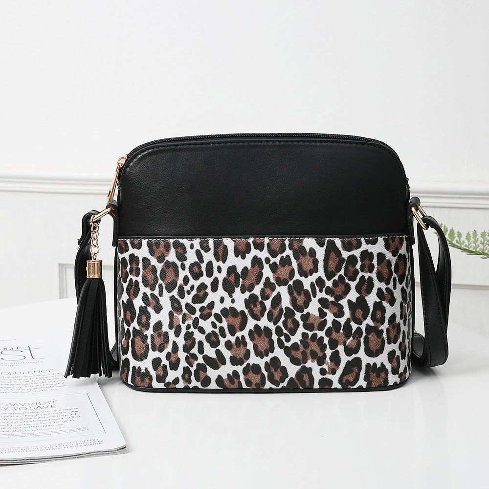 Leopard Print Contrast Stitching Shell Bag Shoulder Bag