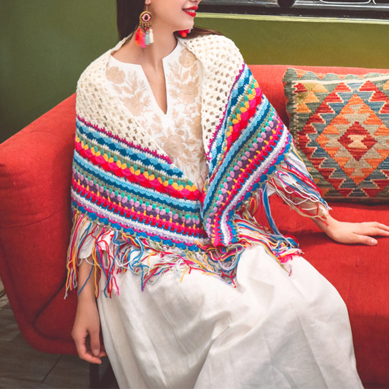Handmade Crocheted Rainbow Tassel Shawl