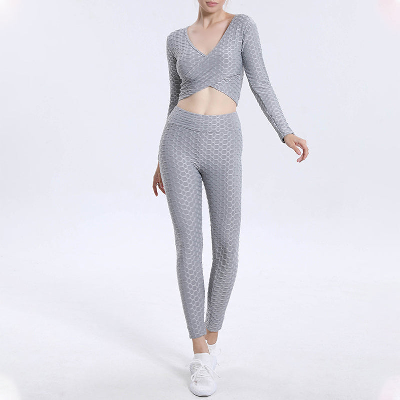 Bubble Jacquard Sexy Cross Long Sleeve Top High Waist Yoga Suit