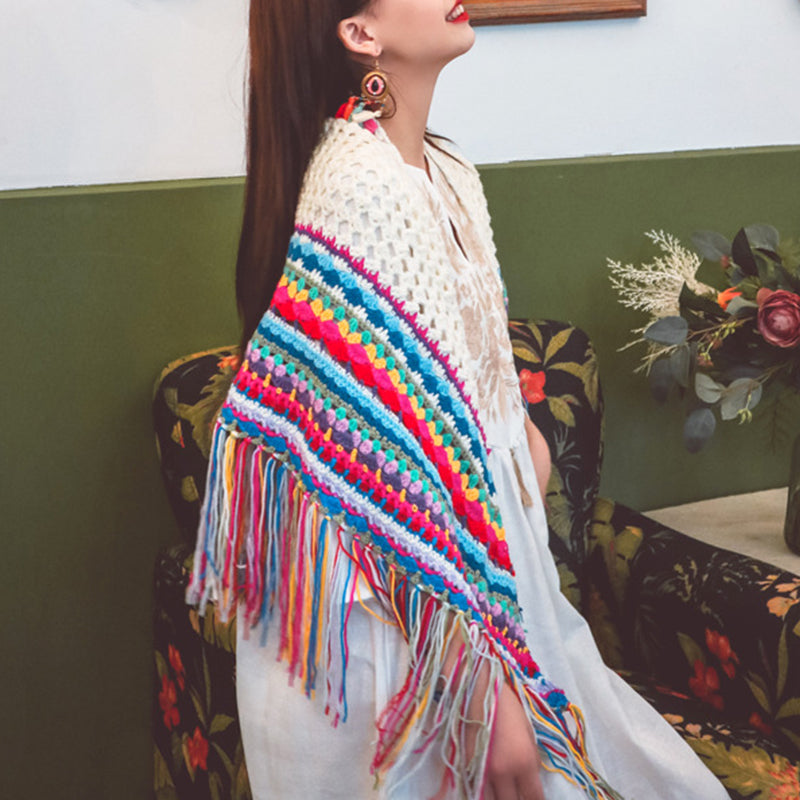 Handmade Crocheted Rainbow Tassel Shawl