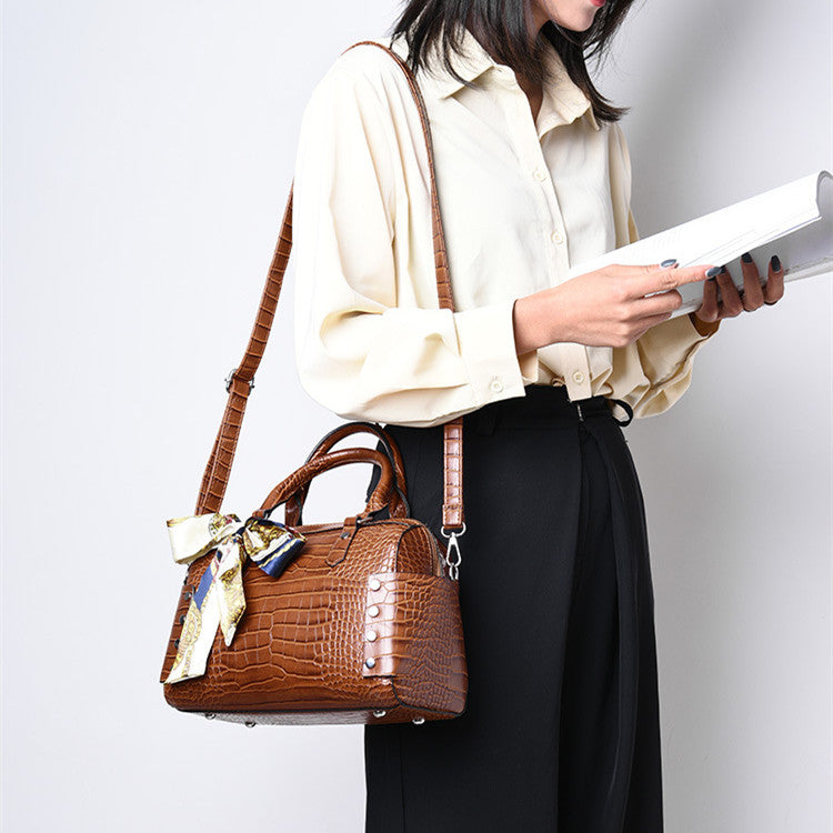Elegant Crocodile Pattern Boston Bag Handbag With Silk Scarf For Party and Work