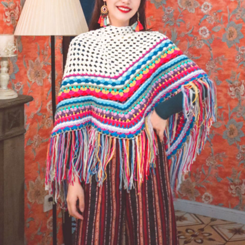 Handmade Crocheted Rainbow Tassel Shawl