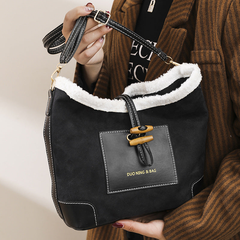 Vintage Contrast Suede Wool Shoulder Bag