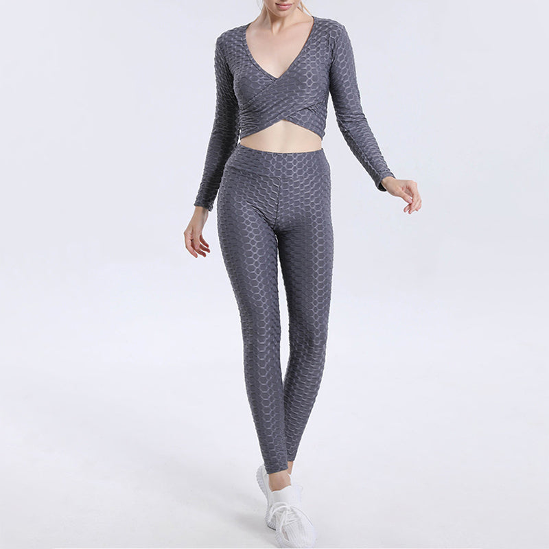Bubble Jacquard Sexy Cross Long Sleeve Top High Waist Yoga Suit